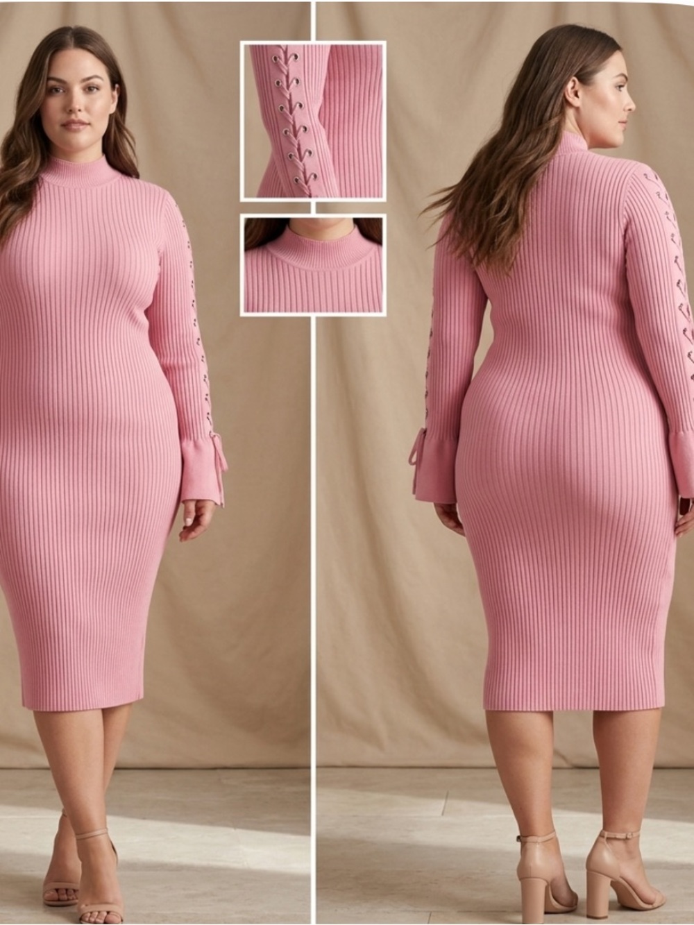 (NWT) Fashion Nova Pink Next To Me Knit Dress 2X Bell Sleeve Lace Up Dress